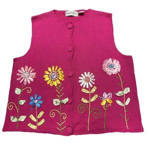 Vtg 90s Belle Pointe Sweater Vest Size M Ribbon Flower Spring Easter Grandmacore